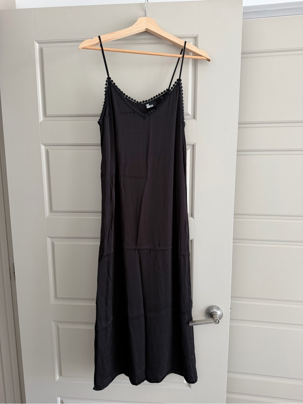 The Kooples Black Slip Midi Dress with Spaghetti Straps